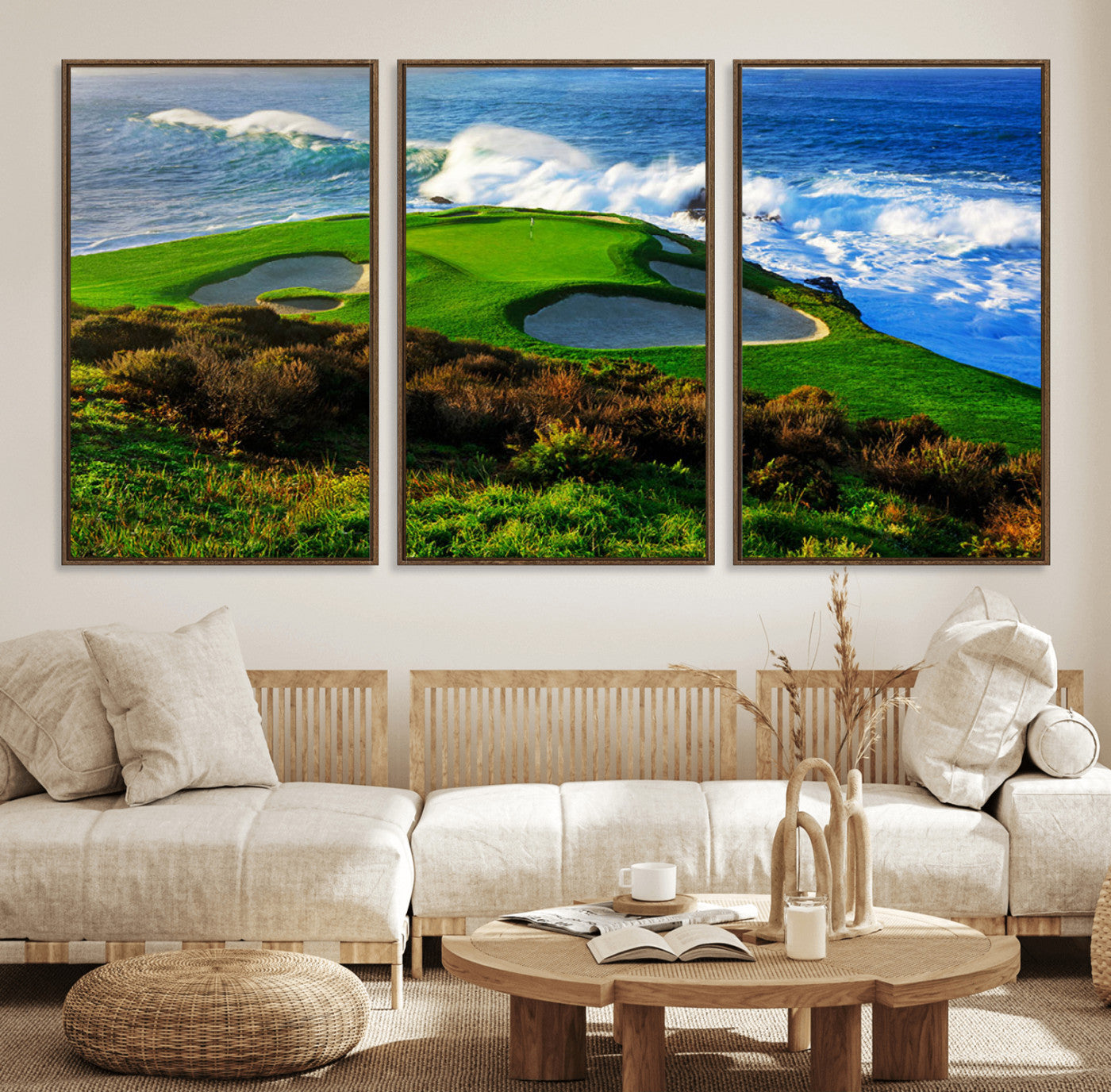 34181847-MGV-FC-60X30-3P_Walnut-Coastal Golf Course Wall Art – Panoramic Ocean Fairway Canvas Print, Scenic Sports Photography Decor for Office, Man Cave, Living
