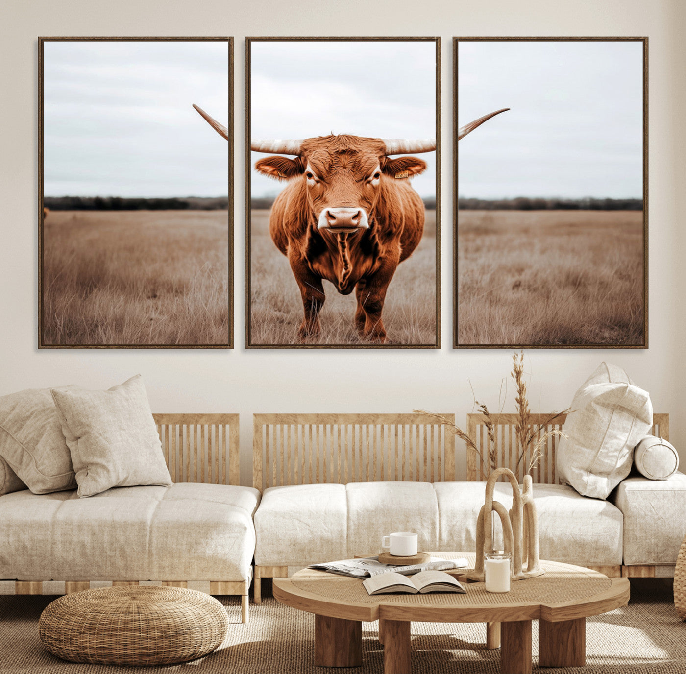 16316734-MGV-FC-60X30-3P_Walnut-Texas Longhorn Wall Art – Rustic Bull Portrait Canvas Print, Western Farmhouse Animal Photography Decor for Living Room, Office,