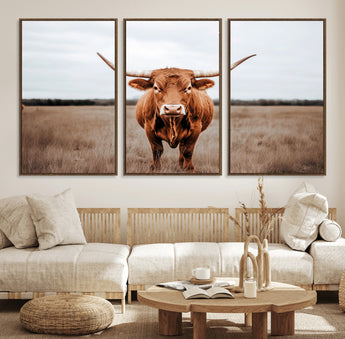 16316734-MGV-FC-60X30-3P_Walnut-Texas Longhorn Wall Art – Rustic Bull Portrait Canvas Print, Western Farmhouse Animal Photography Decor for Living Room, Office,