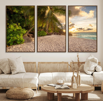 89531159-MGV-FC-60X30-3P_Walnut-Tropical Beach Sunset Canvas Wall Art – Palm Trees Golden Sand Ocean Waves Coastal Paradise Print for Beach House Bedroom Bathroom
