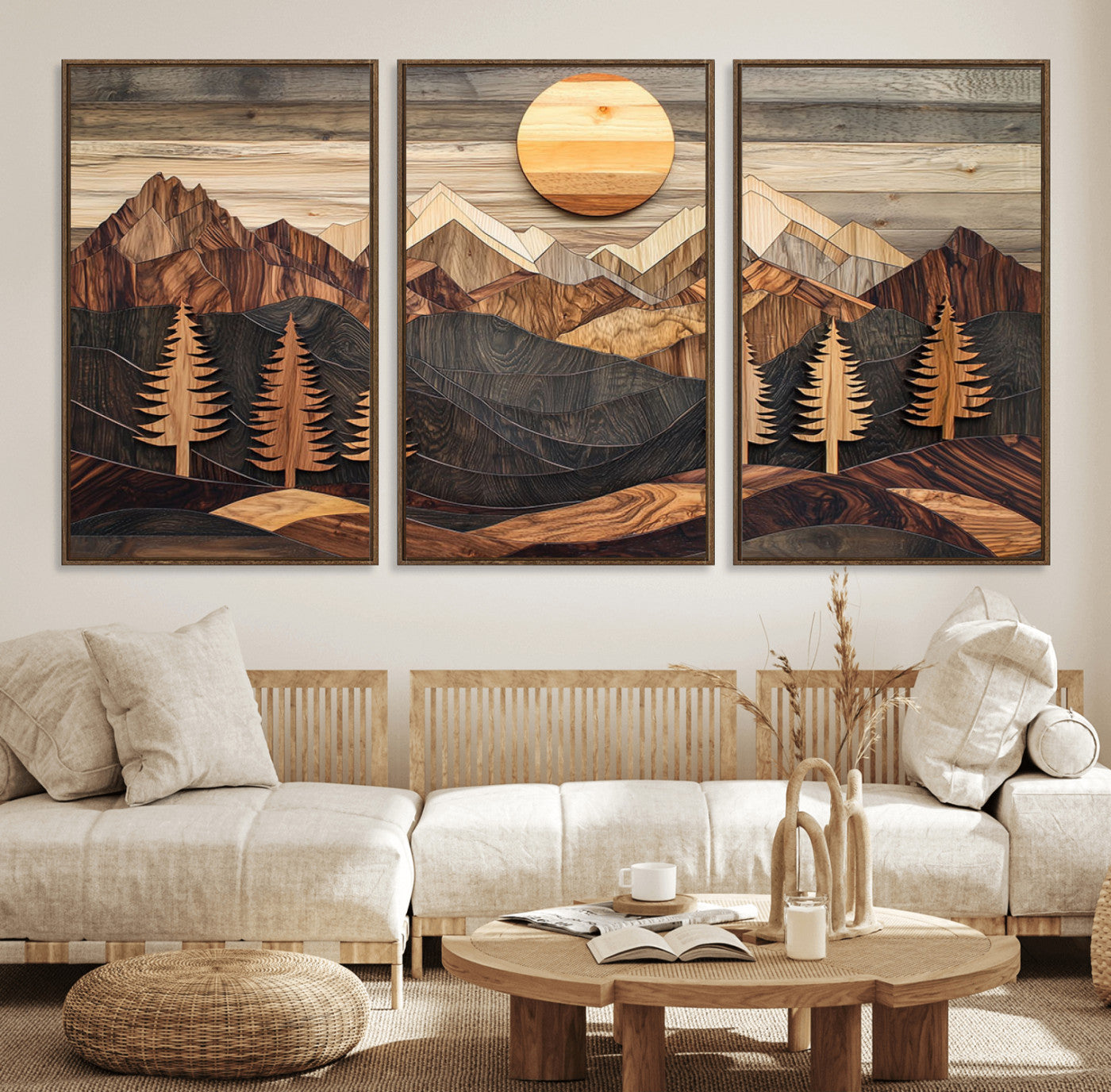 90044381-MGV-FC-60X30-3P_Walnut-Rustic Wall Art – Wooden Mountain Landscape with Sun and Pine Trees, Handcrafted Nature Canvas Style Decor for Bedroom, Living