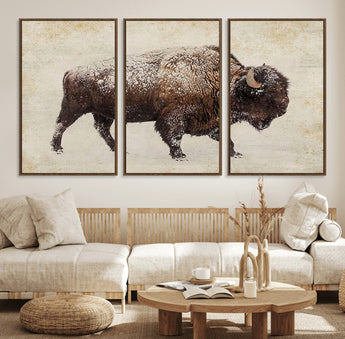 54810031-MGV-FC-60X30-3P_Walnut-Western Wall Art – Snow Covered Bison Canvas Print, Rustic Wildlife Photography Decor for Bedroom, Living Room, Office, Lodge,