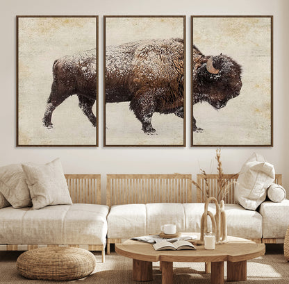54810031-MGV-FC-60X30-3P_Walnut-Western Wall Art – Snow Covered Bison Canvas Print, Rustic Wildlife Photography Decor for Bedroom, Living Room, Office, Lodge,