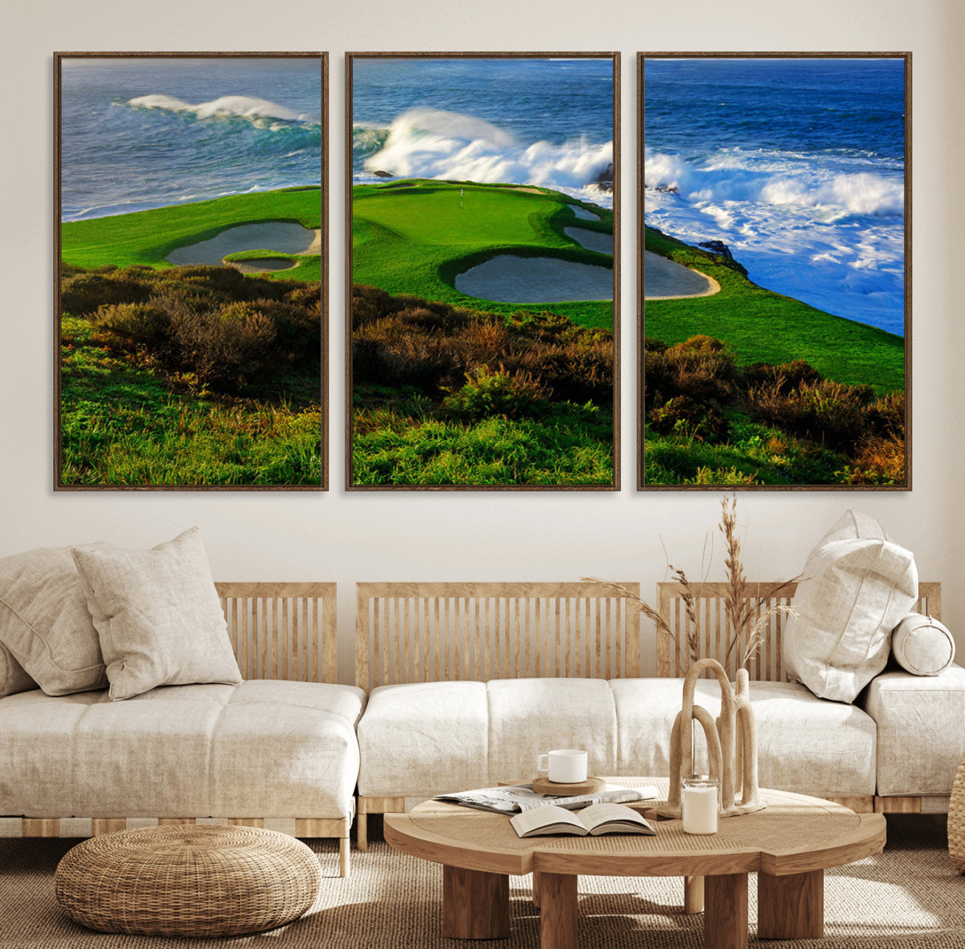 13644055-MGV-FC-60X30-3P_Walnut-Golf Wall Art – Oceanfront Green Canvas Print, Scenic Coastal Course Photography Decor for Bedroom, Living Room, Office, Sports