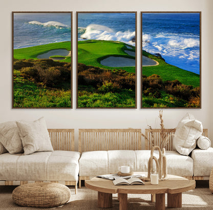 13644055-MGV-FC-60X30-3P_Walnut-Golf Wall Art – Oceanfront Green Canvas Print, Scenic Coastal Course Photography Decor for Bedroom, Living Room, Office, Sports