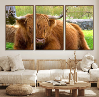 68411138-MGV-FC-60X30-3P_Walnut-Farmhouse Wall Art – Highland Cow Canvas Print, Rustic Country Cattle Photography Decor for Bedroom, Living Room, Office, Ranch,