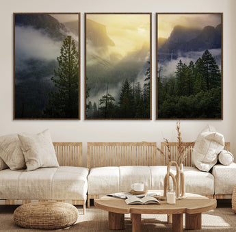 38316884-MGV-FC-60X30-3P_Walnut-Landscape Wall Art – Misty Mountain Valley Canvas Print, Scenic Pine Forest and Sunrise Photography Decor for Bedroom, Living