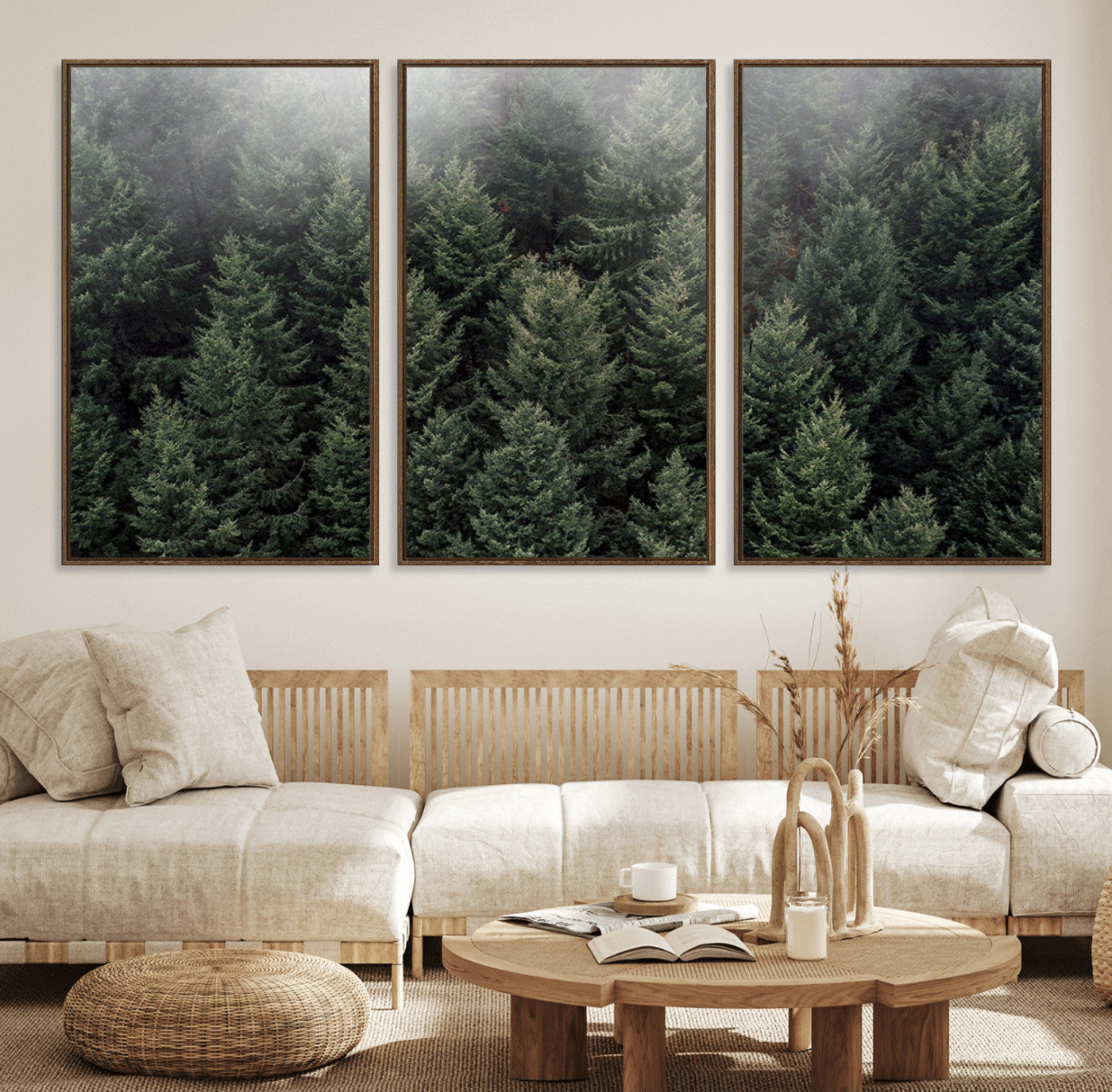 84059409-MGV-FC-60X30-3P_Walnut-Forest Wall Art – Misty Evergreen Trees Canvas Print, Tranquil Nature Photography Decor for Bedroom, Living Room, Office, Cabin or
