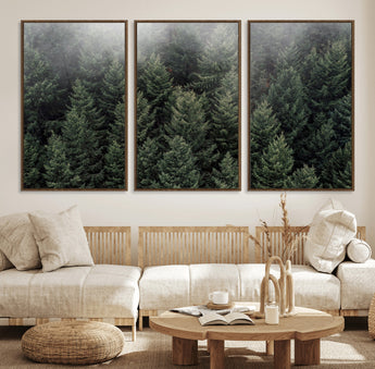 84059409-MGV-FC-60X30-3P_Walnut-Forest Wall Art – Misty Evergreen Trees Canvas Print, Tranquil Nature Photography Decor for Bedroom, Living Room, Office, Cabin or