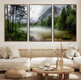 93123937-MGV-FC-60X30-3P_Walnut-Landscape Wall Art – Misty Mountain Lake Canvas Print, Tranquil Forest and Waterfall Photography Decor for Bedroom, Living Room,