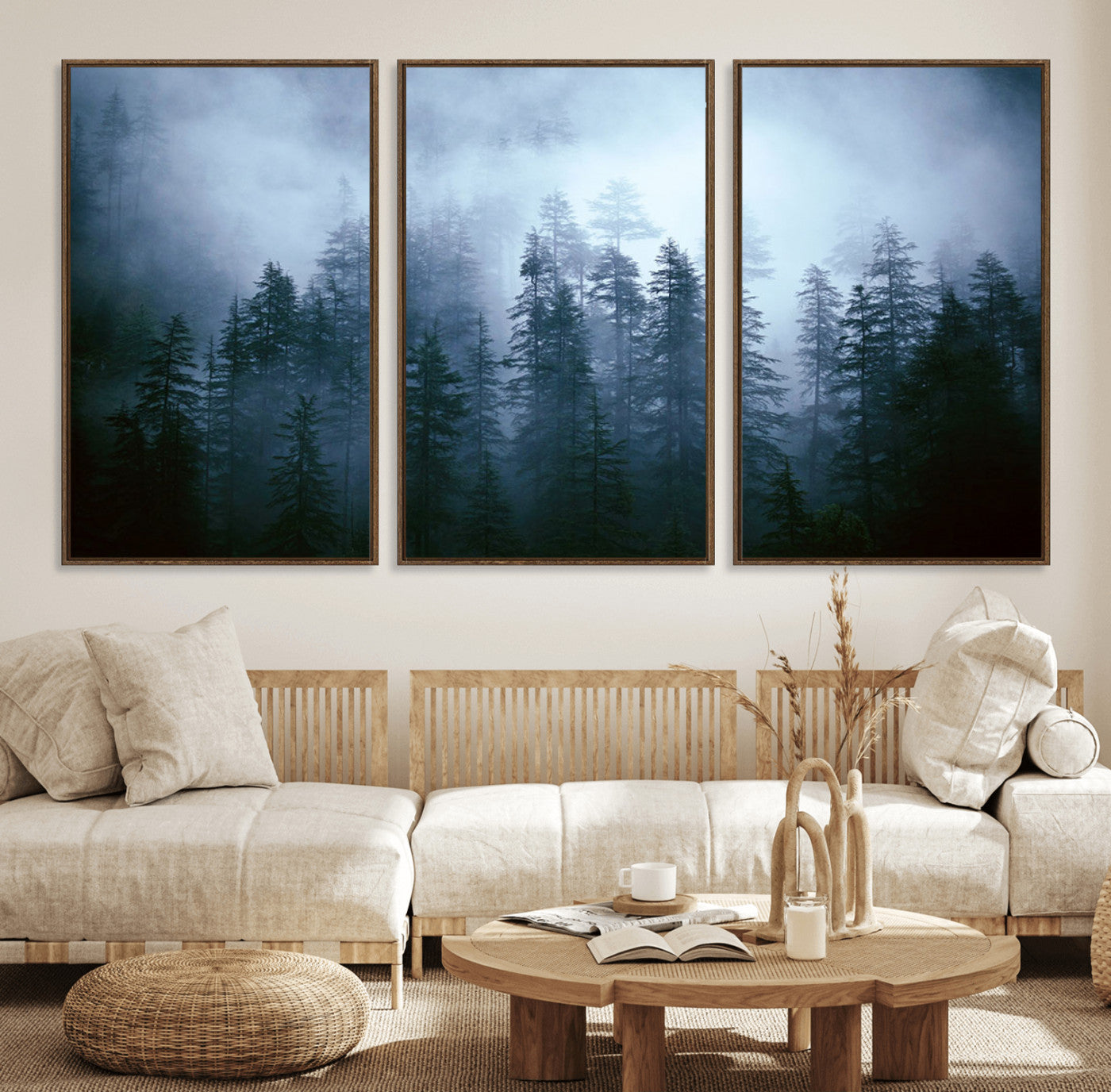 93439624-MGV-FC-60X30-3P_Walnut-Forest Wall Art – Misty Pine Trees Canvas Print, Moody Nature Photography Decor for Bedroom, Living Room, Office, Cabin, Lodge or