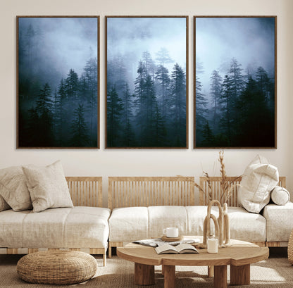 93439624-MGV-FC-60X30-3P_Walnut-Forest Wall Art – Misty Pine Trees Canvas Print, Moody Nature Photography Decor for Bedroom, Living Room, Office, Cabin, Lodge or