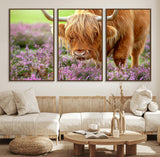 64069351-MGV-FC-60X30-3P_Walnut-Farmhouse Wall Art – Highland Cow in Wildflowers Canvas Print, Rustic Country Cattle Photography Decor for Bedroom, Living Room,