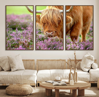 64069351-MGV-FC-60X30-3P_Walnut-Farmhouse Wall Art – Highland Cow in Wildflowers Canvas Print, Rustic Country Cattle Photography Decor for Bedroom, Living Room,