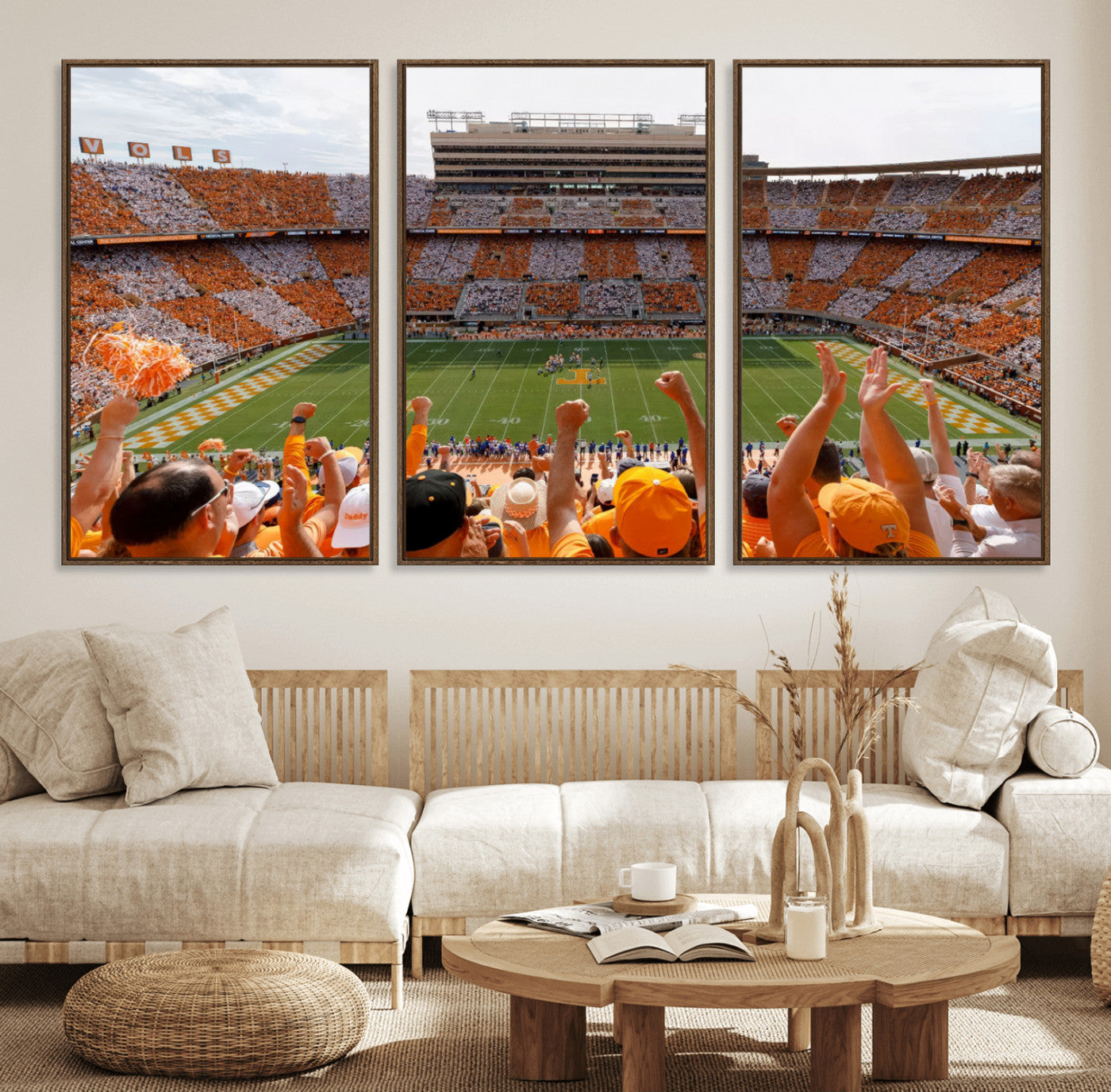 76011417-MGV-FC-60X30-3P_Walnut-Tennessee Volunteers Wall Art – Neyland Stadium Checkerboard Crowd Canvas Print, Vols Football Game Day Fan Perspective Sports