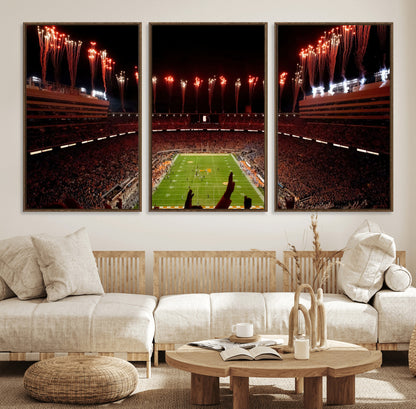 73358115-MGV-FC-60X30-3P_Walnut-Tennessee Volunteers Wall Art – Neyland Stadium Fireworks Night Game Canvas Print, Vols Football Checkerboard Endzone Sports Decor