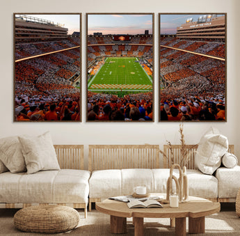 37160229-MGV-FC-60X30-3P_Walnut-Tennessee Volunteers Wall Art – Neyland Stadium Sunset Checkerboard Game Canvas Print, Vols Football Panorama Sports Decor