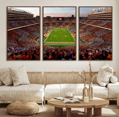 37160229-MGV-FC-60X30-3P_Walnut-Tennessee Volunteers Wall Art – Neyland Stadium Sunset Checkerboard Game Canvas Print, Vols Football Panorama Sports Decor
