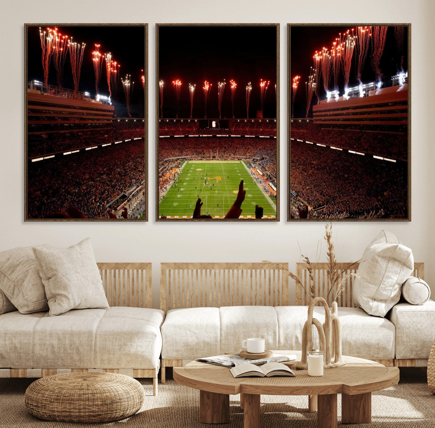 73358115-MGV-CV-36X24-Neyland Stadium Wall Art – Panoramic Tennessee Volunteers Night Game Canvas Print, Fireworks Football Celebration Sports Decor for