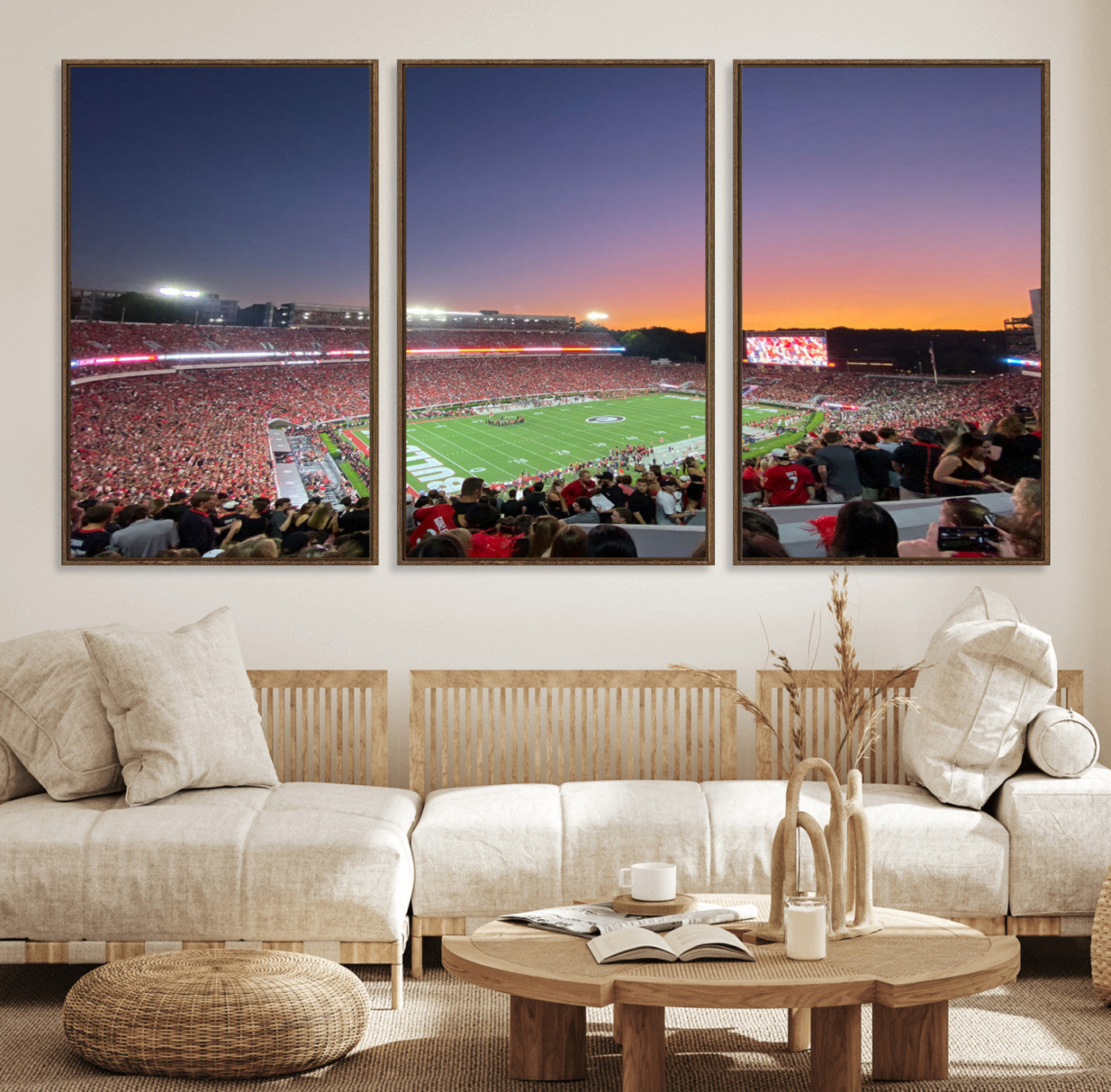 25139565-MGV-FC-60X30-3P_Walnut-Sanford Stadium Wall Art – Panoramic Georgia Bulldogs Sunset Football Game Canvas Print, Red Crowd Sports Decor for Office, Man