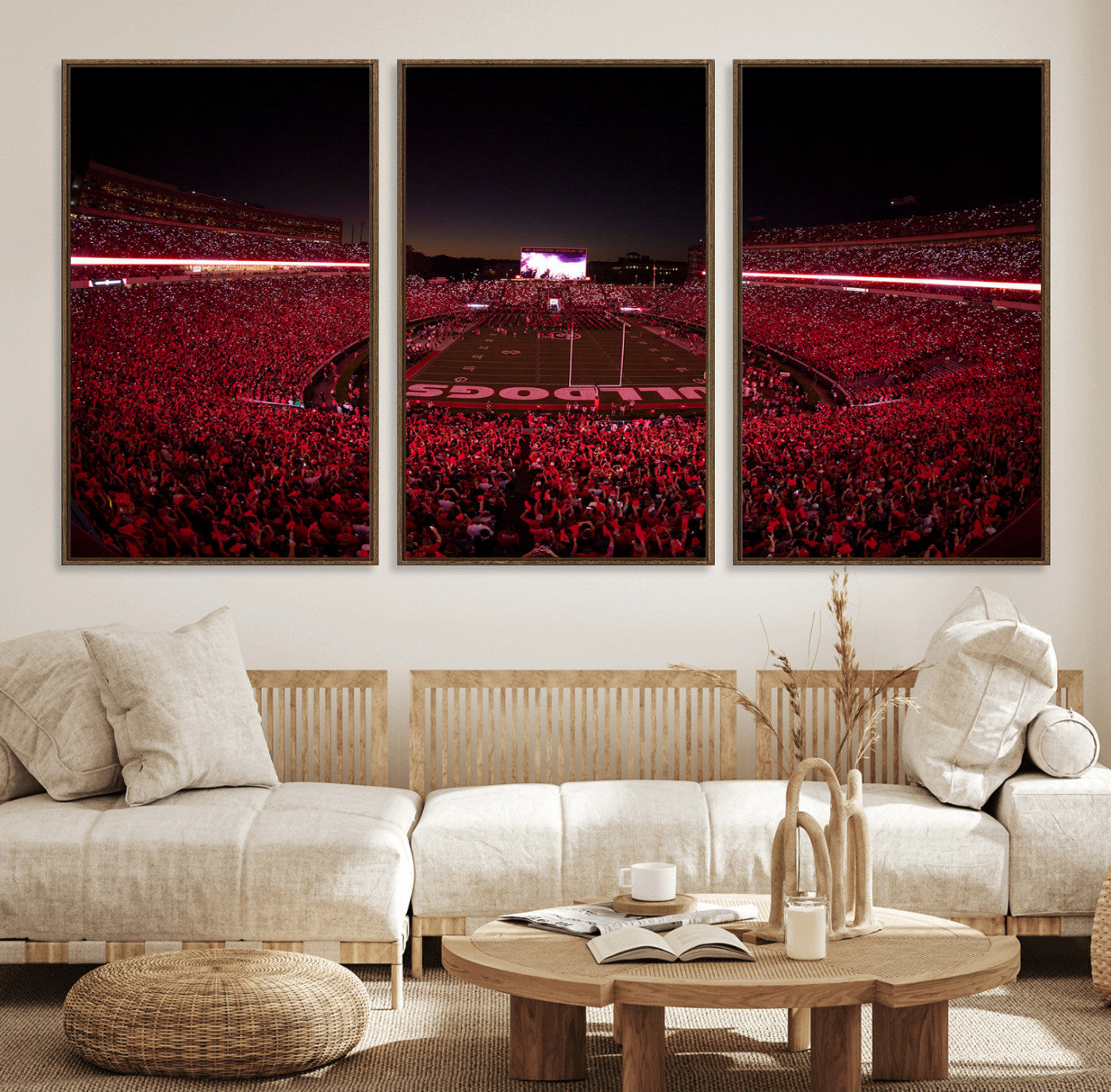 38331045-MGV-FC-60X30-3P_Walnut-Sanford Stadium Wall Art – Panoramic Georgia Bulldogs Red Light Game Football Canvas Print, Night Crowd Sports Decor for Office,