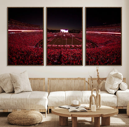 38331045-MGV-FC-60X30-3P_Walnut-Sanford Stadium Wall Art – Panoramic Georgia Bulldogs Red Light Game Football Canvas Print, Night Crowd Sports Decor for Office,