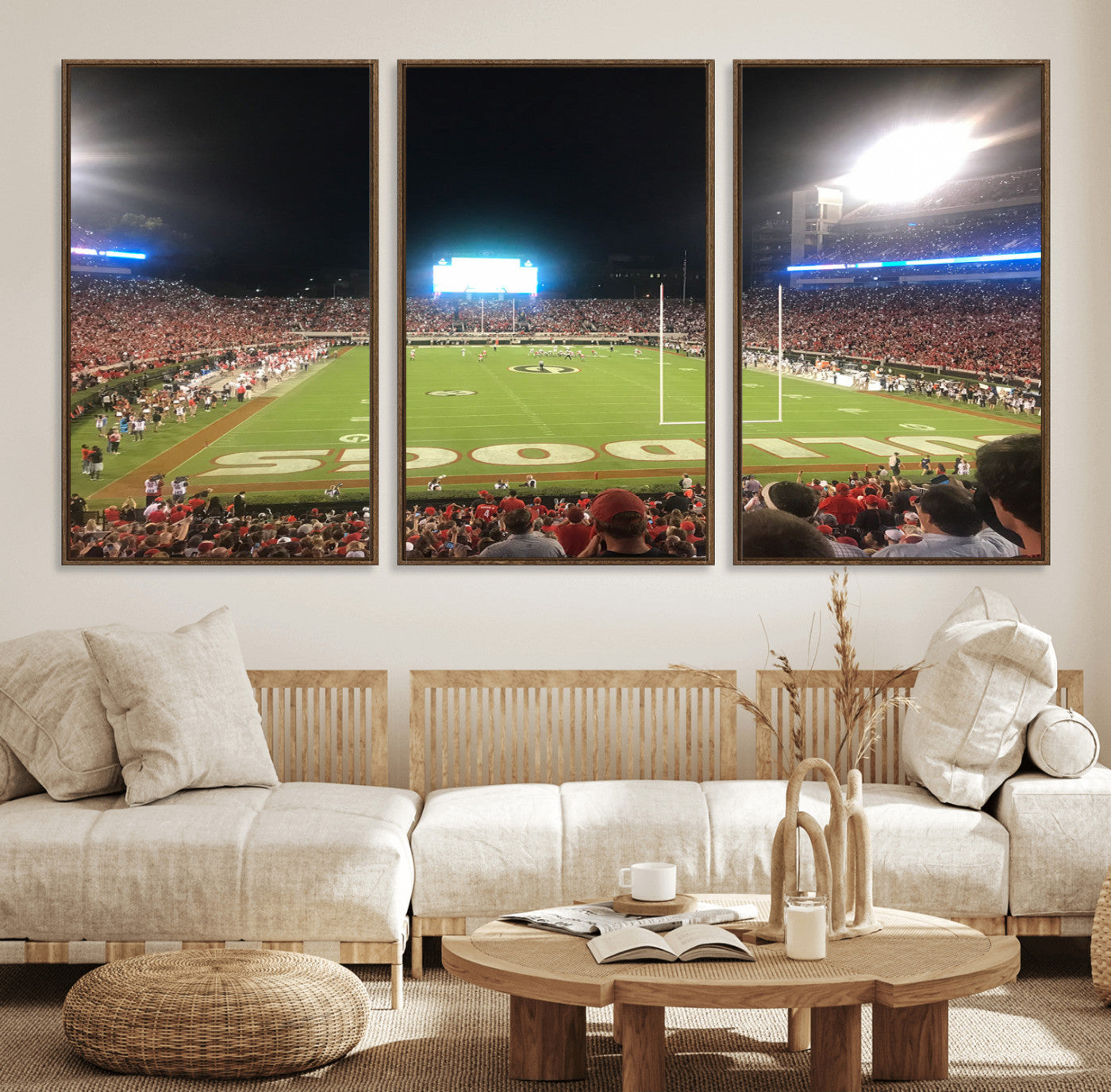 16230786-MGV-FC-60X30-3P_Walnut-Georgia Bulldogs Stadium Wall Art – Night Game Football Field Canvas Print, Panoramic Sports Decor for Home, Office, Fan Cave
