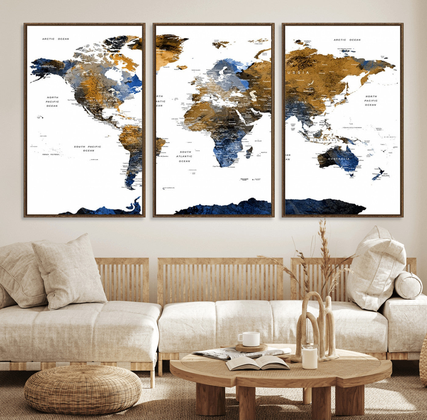 MGV-FC-60X30-3P - World Map Wall Art Canvas Print, Framed Blue Gold Map Art Picture Print, Rustic Atlas Perfect Rustic Modern Decor Artwork