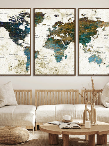 MGV-FC-60X30-3P - Vintage World Map Wall Art Canvas Print, Framed Rustic Earth Map Art Picture Print, Antique Map Perfect Rustic Vintage Decor Artwork