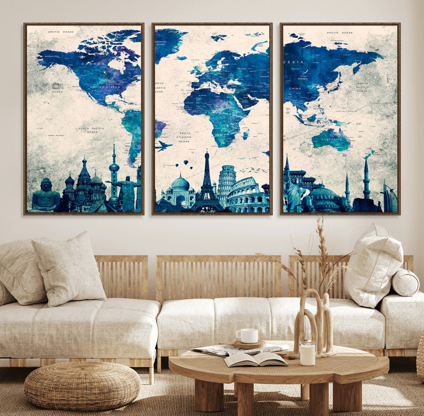 MGV-FC-60X30-3P - Blue World Map Wall Art Canvas Print, Framed Iconic Landmarks Art Picture Print, Blue Globe Map Perfect Elegant Explorer Decor Artwork