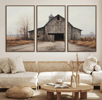 90499-MGV-FC-60X30-3P_Walnut-Old Barn Wall Art Canvas Print, Framed Rustic Barn Art Picture Print, Abandoned Farm Perfect Rustic Farmhouse Decor Artwork