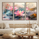 18414-MGV-FC-60X30-3P_Walnut-Pink Lotus Wall Art Canvas Print, Framed Water Lily Art Picture Print, Dreamy Floral Perfect Dreamy Botanical Decor Artwork