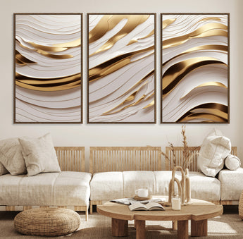 41237-MGV-FC-60X30-3P_Walnut-Gold Waves Wall Art Canvas Print, Framed Elegant Flow Art Picture Print, Luxury Layers Perfect Minimal Luxe Decor Artwork