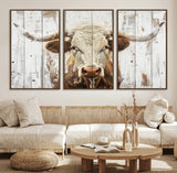 10840-MGV-FC-60X30-3P_Walnut-Texas Longhorn Wall Art Canvas Print, Framed Rustic Bull Art Picture Print, Western Cattle Perfect Rustic Western Decor Artwork