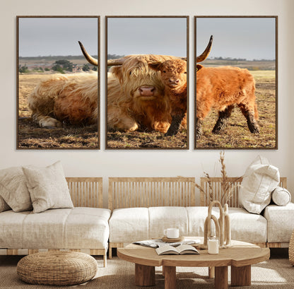 88780-MGV-FC-60X30-3P_Walnut-Highland Cow Wall Art Canvas Print, Framed Cow Calf Art Picture Print, Scottish Cattle Perfect Rustic Farmhouse Decor Artwork