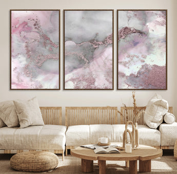 16416-MGV-FC-60X30-3P_Walnut-Blush Marble Wall Art Canvas Print, Framed Rose Gold Art Picture Print, Pink Cloudy Perfect Modern Glam Decor Artwork