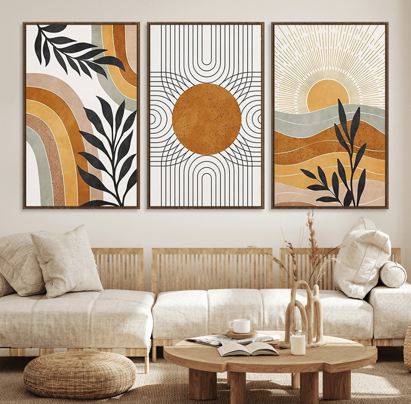 32359-MGV-FC-60X30-3P_Walnut-Modern Sun Wall Art Canvas Print, Framed Retro Horizon Art Picture Print, Sunburst Design Perfect Mid Century Boho Decor Artwork