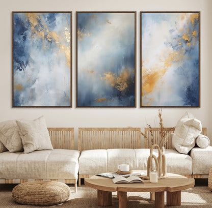 41836-MGV-CV-36X24-Abstract Gold Wall Art Canvas Print, Framed Blue Layers Art Picture Print, Elegant Cloud Perfect Elegant Minimalist Decor Artwork