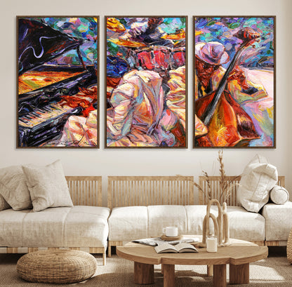 13675-MGV-FC-60X30-3P_Walnut-Jazz Band Wall Art Canvas Print, Framed Jazz Oil Painting Art Picture Print, Vibrant Music Perfect Abstract Musical Decor Artwork