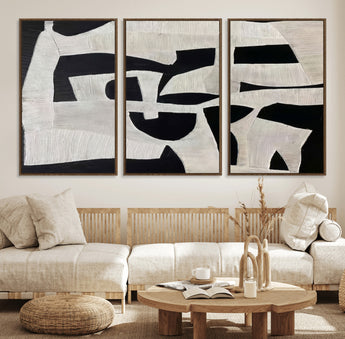 33714-MGV-FC-60X30-3P_Walnut-Monochrome Design Wall Art Canvas Print, Framed Modern Linework Art Picture Print, Textured Shapes Perfect Monochrome Modern Decor