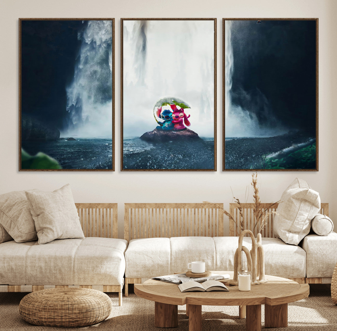 32259-MGV-FC-60X30-3P_Walnut-Stitch Angel Wall Art Canvas Print, Framed Stitch Waterfall Art Picture Print, Cartoon Couple Perfect Moody Fantasy Decor Artwork