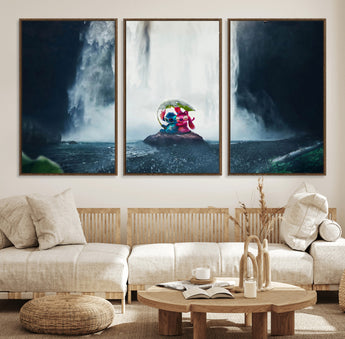 32259-MGV-FC-60X30-3P_Walnut-Stitch Angel Wall Art Canvas Print, Framed Stitch Waterfall Art Picture Print, Cartoon Couple Perfect Moody Fantasy Decor Artwork