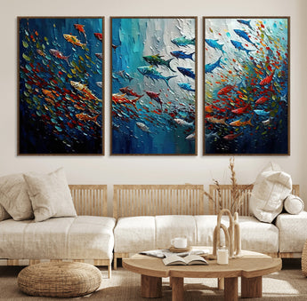 89626-MGV-CV-36X24-Fish Swarm Wall Art Canvas Print, Framed Abstract Ocean Art Picture Print, Underwater Life Perfect Vibrant Coastal Decor Artwork