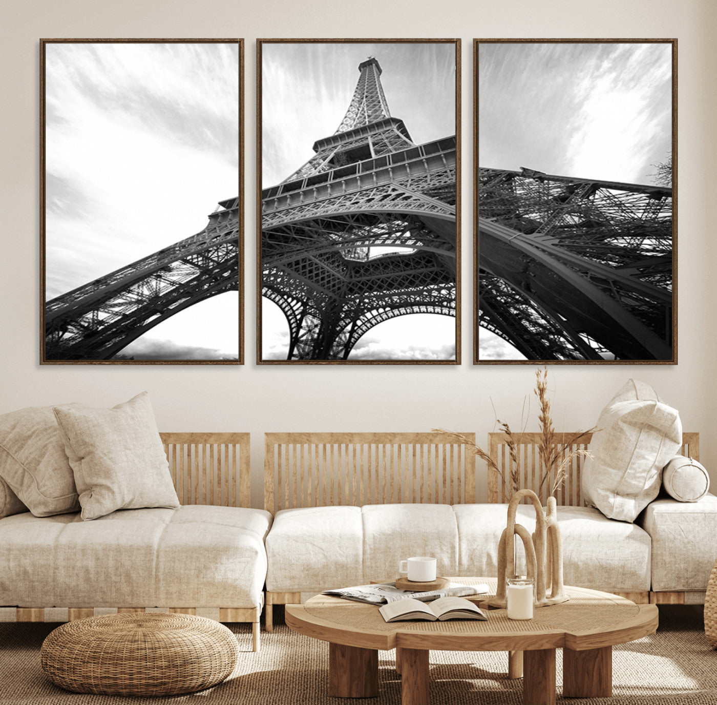 40006-MGV-FC-60X30-3P_Walnut-Eiffel Tower Wall Art – Black and White Architectural Photo Print, Paris Inspired Decor for Bedroom, Office, Studio or Modern
