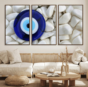 48883-MGV-FC-60X30-3P_Walnut-Evil Eye Wall Art – Deep Blue Symbol of Presence and Calm on White Stones, Subtle Spiritual Decor for Entryway, Studio, Office or