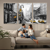 32362-MGV-CV-36X24-NYC Street Wall Art – Black and White Cityscape with Yellow Taxis and Umbrella Canvas Print, Urban Home Decor for Living Room or