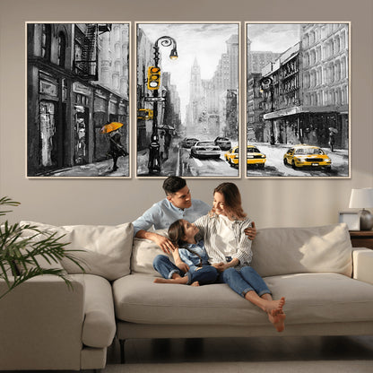 32362-MGV-CV-36X24-NYC Street Wall Art – Black and White Cityscape with Yellow Taxis and Umbrella Canvas Print, Urban Home Decor for Living Room or