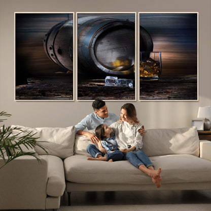 78049-MGV-CV-36X24-Whiskey Barrel Wall Art – Rustic Whiskey Barrel and Glass with Ice Canvas Print, Classic Bar or Lounge Decor for Home, Office, or