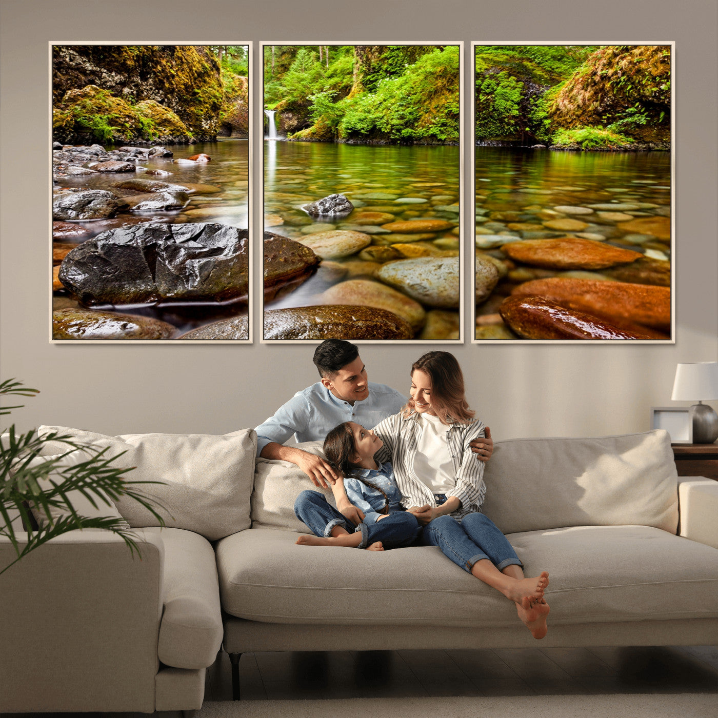 98096-MGV-CV-36X24-Serene River Waterfall Nature Photo – Calm Clear Water, Vibrant Green Forest and Smooth Stones Landscape Wall Art for Home or