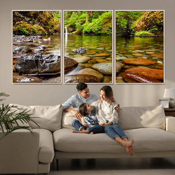98096-MGV-CV-36X24-Serene River Waterfall Nature Photo – Calm Clear Water, Vibrant Green Forest and Smooth Stones Landscape Wall Art for Home or